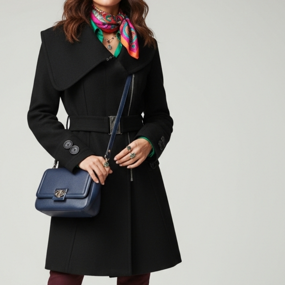 Zara Black Military Style Coat with Silver Buckle Belt Size S Cotton